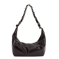 Dark brown high-shine leather hobo bag with gold metal woven chain shoulder strap - Brown