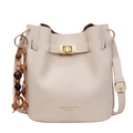 Chic beige bucket bag with beaded accessory and adjustable strap in smooth finish - With Pendant / Off-white