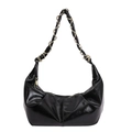 Minimalist black shiny dumpling bag with gold chain strap and pleated faux leather - Black