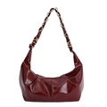 Minimalist burgundy pleated hobo bag in glossy leather finish with metal chain strap - Red