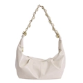 Minimalist beige dumpling shoulder bag with pleated faux leather and gold chain strap - White