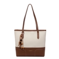 Grand sac cabas en toile beige avec bordure en cuir marron et breloque perlée - Avec Pendentif / Blanc Cassé