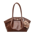 Dunkelbraune Shopper Tasche aus Kunstleder mit Falten und Teddybär-Anhänger für Damen - Mit Anhänger / Braun