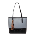 Blue canvas and black leather tote bag with vintage wood bead charm and gold logo - Blue