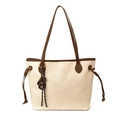 Retro cream white large capacity tote bag with brown straps and knot charm - With Pendant / White
