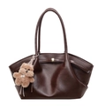 Vintage dark brown tote bag with pleated leather texture and plush bear charm - Brown