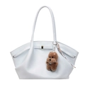 Retro cream white large tote bag with pleated detail and cute brown dog charm - Light Blue