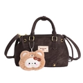 Dark brown lychee texture shoulder bag with cute plush cat charm and gold hardware - With Pendant / Brown