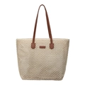 Grande borsa tote in paglia color crema con manici in pelle marrone e toppa centrale - Bianco Sporco