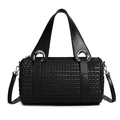 Minimalist black woven pillow bag for women with silver metal rings and shoulder strap - Black