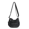 Borsa a tracolla vintage in denim nero lavato con zip multiple e frange laterali - Nero