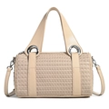 Beige woven Boston handbag with silver metal rings and adjustable shoulder strap - Khaki