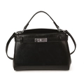Minimalist black leather square handbag with classic metal twist lock and top handle - Black