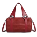 Dark red woven leather cylindrical crossbody pillow bag with silver metal ring details - Red