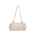 Minimalist beige underarm shoulder bag in pebbled leather with metallic grommet strap - With Pendant / Off White