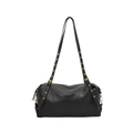 Minimalist black pebble leather shoulder bag with gold metal eyelets and adjustable straps - With Pendant / Black