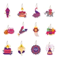 Set aus 12 bunten Diwali-Anhängern mit Diya-Lampen, Elefanten und Ganesha-Motiven - 12-Teiliges Doppelseitiges Kartenset (Mit Schnur)