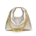 Silver metallic dumpling bag with gold chain strap and branding detail in crescent shape - Silver