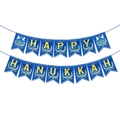 Hanukkah party banner with Happy Hanukkah letters and Menorah icons on blue background - Large Birthday Banner