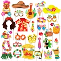 30-piece Hawaiian party photo booth props with tropical tiki masks and aloha designs - Hawaiian Photo Props (Style A) / 30-Piece Kit
