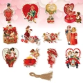 Set di 12 etichette regalo vintage per San Valentino con illustrazioni retrò e spago - Etichette fronte-retro (con corda di canapa)
