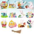 Easter party decoration kit with 12 hanging cards featuring rabbits and colorful eggs - Hemp Rope Pendant