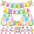 Kit décoration fête de Pâques avec bannière, ballons lapin et surmatelas de gâteau - Kit (20 Ballons + Bannière + 16 Toppers + Rubans)