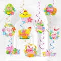 Easter party ceiling swirls featuring colorful hanging cards of rabbits and eggs - Style A: 10 Double-Sided Cards + 10 Single Swirls + Hooks