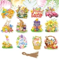 Set di 12 etichette pasquali vintage in carta con conigli, pulcini e uova colorate - 12 Pezzi (Con Corda)