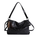 Black vintage tote bag with glossy wrinkled texture and decorative wooden beads - With Pendant / Black