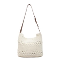 Sac fourre-tout chic en crochet crème avec motifs fleuris et bandoulière marron - Blanc Cassé