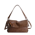 Vintage dark brown large tote bag in oil-wax leather finish with beaded tassel detail - With Pendant / Brown