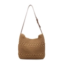 Sac fourre-tout en paille crochetée marron avec motifs ajourés et bandoulière en cuir - Kaki