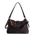 Dark coffee large tote bag in crinkled leather with beaded tassel and Korean text - With Pendant / Brown
