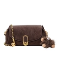 Vintage dark brown square crossbody bag with crackle texture and golden chain strap - With Pendant / Brown
