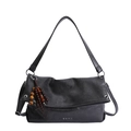 Black vintage textured crescent shoulder bag with wooden bead pendant and Korean text - With Pendant / Gray