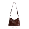 Dark brown high-gloss oil wax leather tote bag with white branding and long shoulder strap - Small Brown