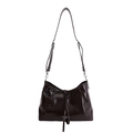 Dark brown glossy leather tote bag with silver hardware and adjustable shoulder strap - Small Coffee