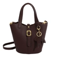Dark brown lychee leather bucket bag with double handles and elephant charm accessory - Dark Coffee