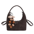 Retro dark brown matte crescent handbag with polka dot bow and plush ball charm - With Charm / Brown