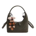 Olive green semi-circle handbag in matte leather with decorative plush bow charm - With Charm / Green