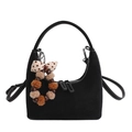 Black crescent bag with white contrast stitching and decorative bow tassel pendant - With Charm / Black