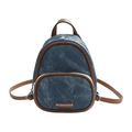 Mini sac à dos en denim avec garniture en cuir marron et fermetures éclair argentées - Bleu