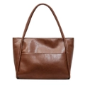 Bolso tote retro marrón clásico de cuero brillante con bolsillo frontal y asas largas - Marrón
