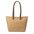 Minimalist faux leather tote bag in light brown with dark brown handles and gold hardware - Khaki