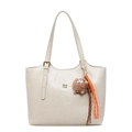 Sac cabas rétro crème avec doubles bandoulières et charm en peluche, vue de face - Avec Pendentif / Blanc Cassé