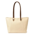 Minimalist cream tote bag with dark brown handles and gold hardware on white background - Off White