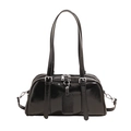 Close-up of black glossy Boston bag with silver hardware and dual strap detailing - Black
