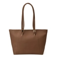 Minimalist large brown leather tote bag with thin double handles and gold metal hardware - Brown