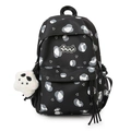 Zwarte rugzak met koeienprint, witte hartjes en schattige panda pluche hanger - Met Hanger / L Zwart